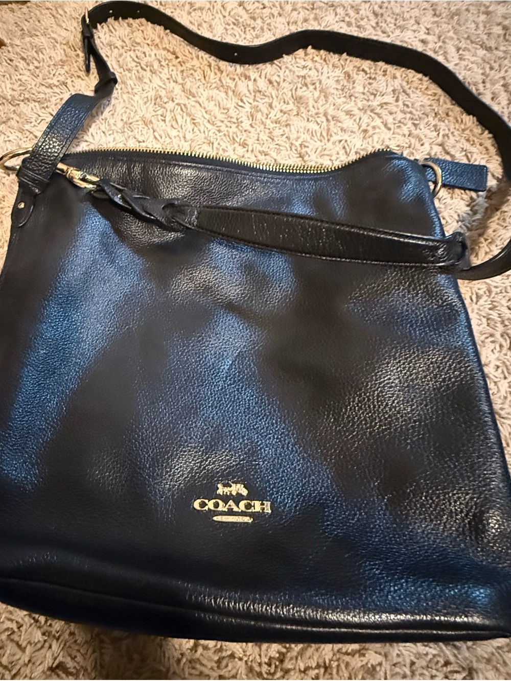 Coach Black Leather Messenger Bag with Gold Logo